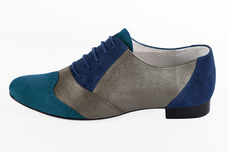 Peacock blue and taupe brown women's fashion lace-up shoes. Round toe. Flat leather soles. Profile view - Florence KOOIJMAN